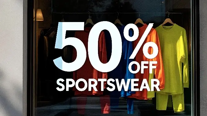 Flocage de vitrine publicitaire représentant des soldes à -50%