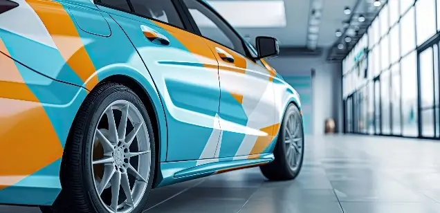 Covering de véhicule par Floki. Voiture bleue et orange.