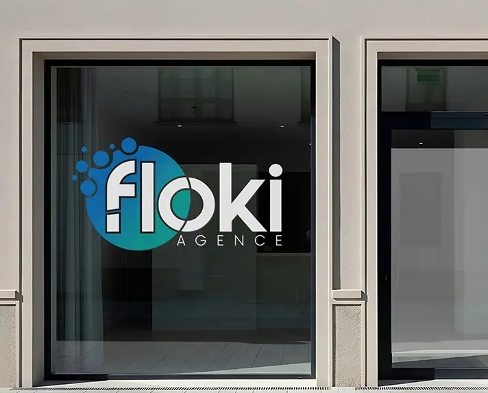 Flocage de vitrines représentant le logo de Floki, agence de publicité à Schweighouse-sur-Moder.