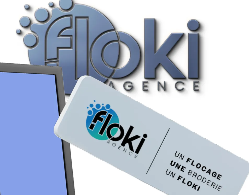 Carte de visite et logo Floki Agence avec design moderne en relief, mettant en avant des services de signalétique.