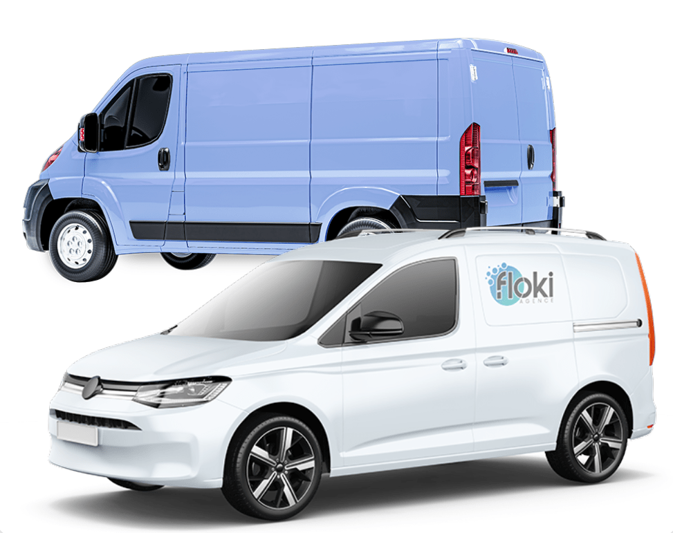 Flocage de véhicules bleus et blancs par la société Floki.